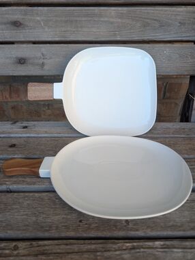Set Of 2 Mason White Ceramic Servers With Wood Handles